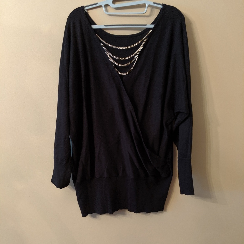 NWOT- Black Tunic Sweater with Chains in Back